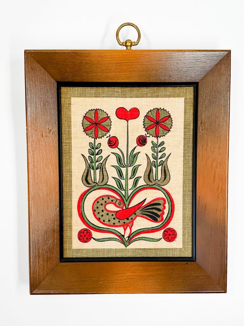 Vtg Turner Folk Art Framed Screen Print Birds Flowers 70's MCM Dutch Texture